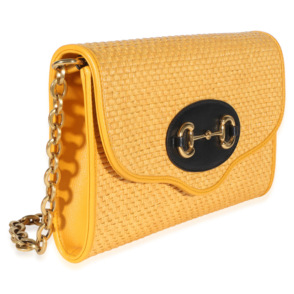 Gucci Yellow Raffia Azalea Calfskin Small Horsebit 1955 Chain Shoulder Bag - Picture 3 of 8